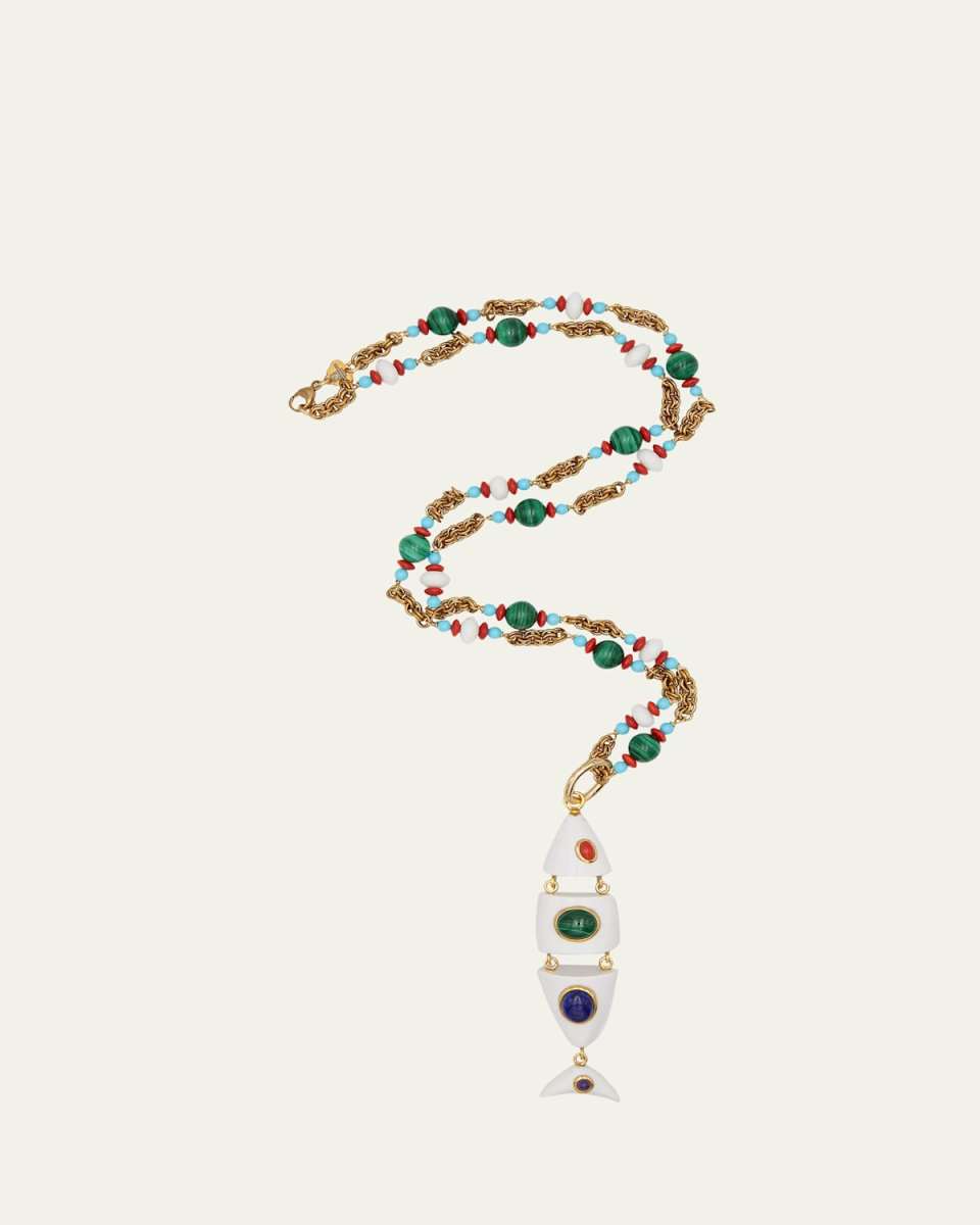 Fish Charm Necklace with Resin, Lapis Lazuli, Malachite and Amethyst